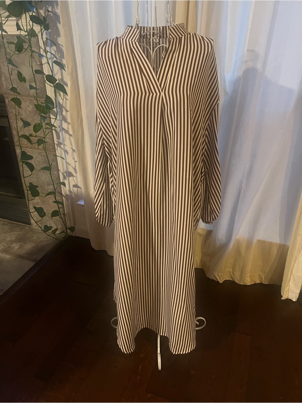 Vertical Stripe Long Sleeve Shirt Dress in Brown and White
